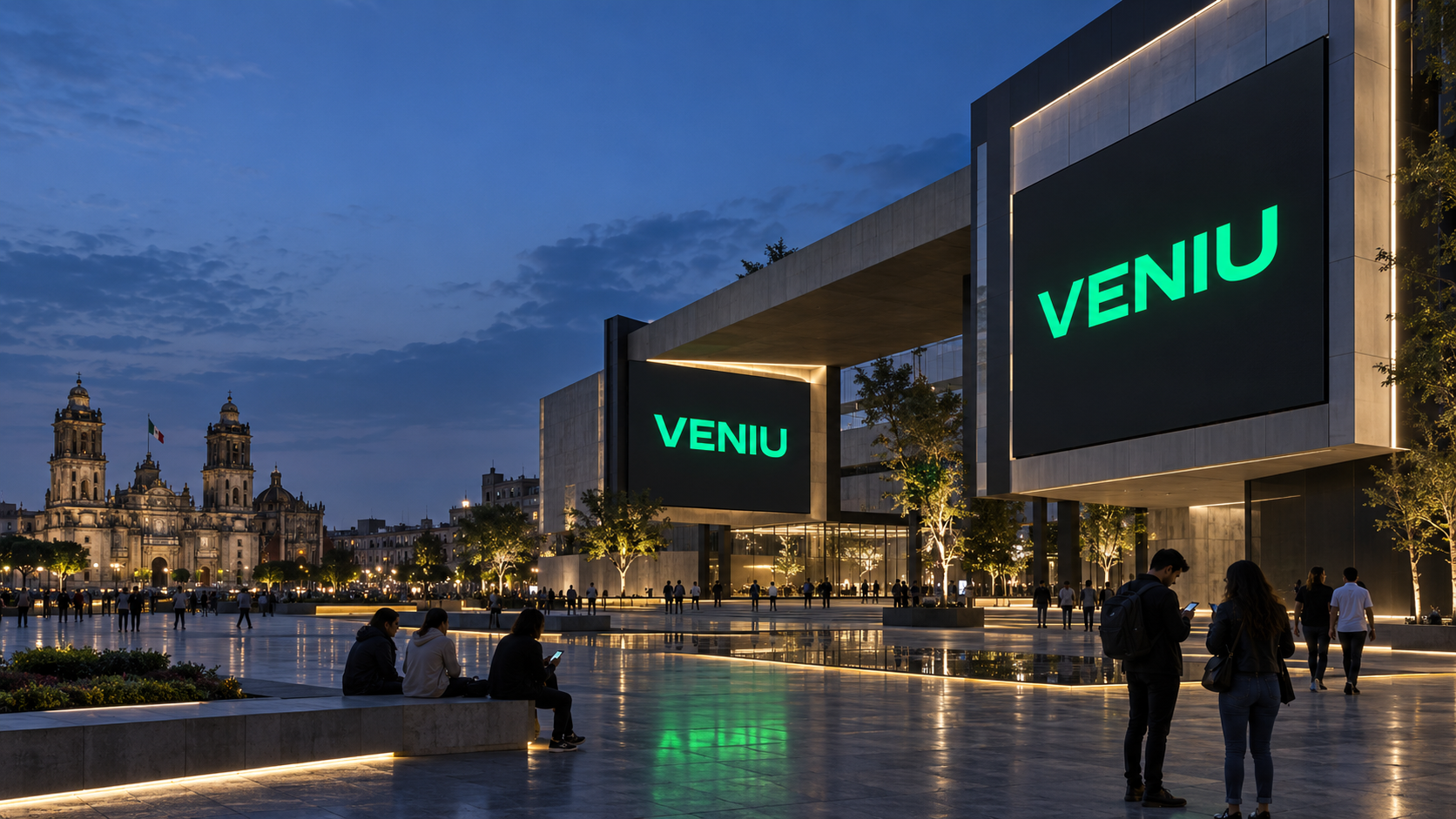 Visual conceptual de una plaza mexicana al anochecer con dos pantallas Veniu y personas usando sus teléfonos.